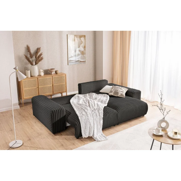 S-Style Möbel Ecksofa Mollis mit Schlaffunktion und Bettkasten aus Plüschcord, mit Wellenfederung – Bild 4