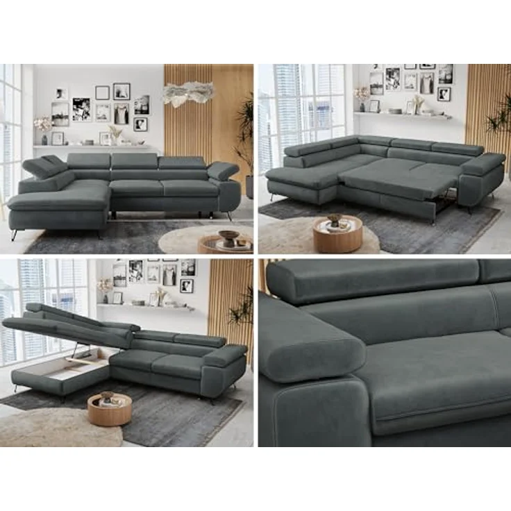 Mks Möbel 'Peter L-form' Ecksofa mit Bettfunktion, Bettkasten & einstellbaren Kopfstützen, Dunkelgrau, Mikrofaser, links – Bild 2