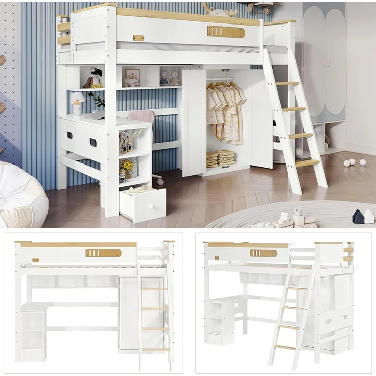 Ball & Cast Hochbett (90x200 cm) Tagesbett mit Fallschutzgitter und Leiter, Kinderbett mit Tisch und Kleiderschrank, Weiß+Natur – Bild 5