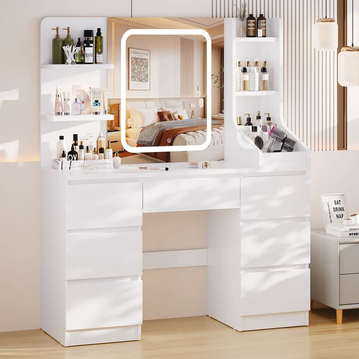 Devoko Schminktisch mit LED-Spiegel, Schubladen, Ablagefächer, Touch-Bedienung, Holzwerkstoff / Glas, Weiß, 110 x 50 x 140 cm – Bild 1