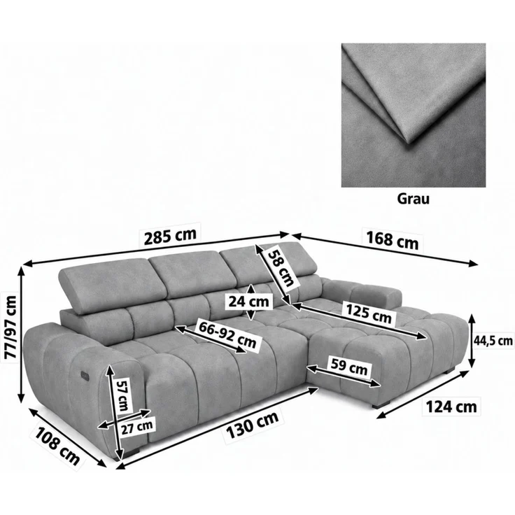 Ecksofa Schlafsofa VELUNIO RELAX in Stoff Salvador Grau Ottomane Rechts – Bild 6