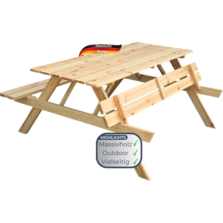 Outdoor Picknicktisch KLEIS - 140cm, Massives Tannenholz, Faltbare Sitze | Picknickbank Sitzgruppe Aussen Bank Sitzbank Gartenbank – Bild 1