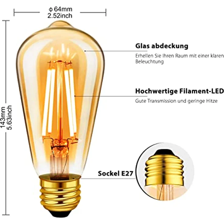 LVWIT Edison Vintage Glühbirne E27 ST64 6.5W, 685LM, 2500K Warmweiß Ideal für Nostalgie und Retro Beleuchtung im Haus Café Bar (6er Pack) – Bild 6