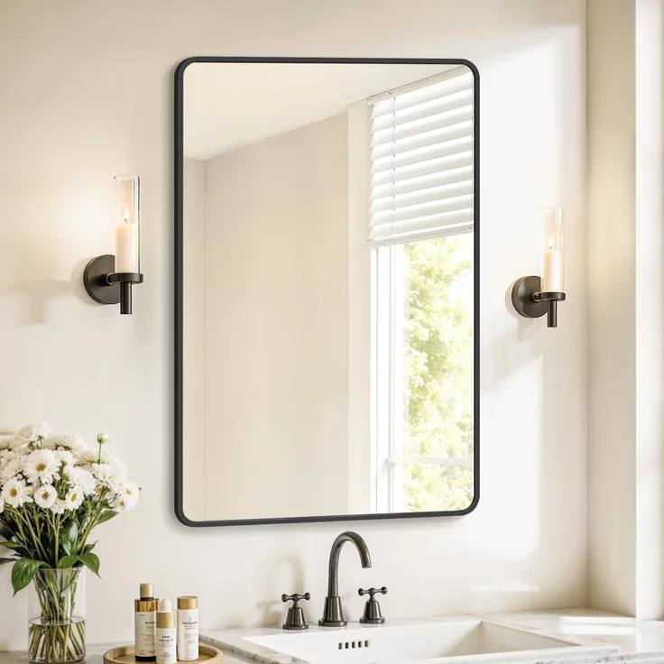 SONGMICS Spiegel für Bad, Wandspiegel, rechteckiger Spiegel, Aluminiumrahmen, 91x61 cm, mit Sicherheitsfolie, 2 Aufhängemöglichkeiten, für Wohn-, Schlaf- und Badezimmer, tintenschwarz LWM010BD01