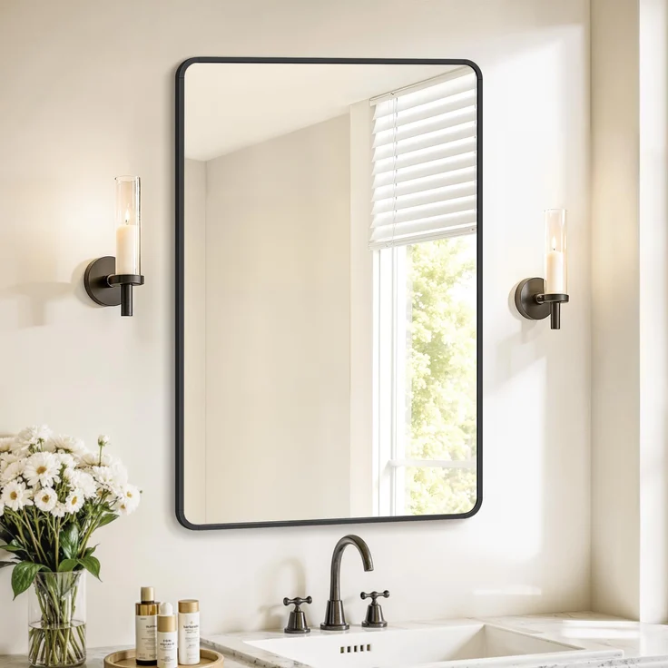 SONGMICS Spiegel für Bad, Wandspiegel, rechteckiger Spiegel, Aluminiumrahmen, 91x61 cm, mit Sicherheitsfolie, 2 Aufhängemöglichkeiten, für Wohn-, Schlaf- und Badezimmer, tintenschwarz LWM010BD01