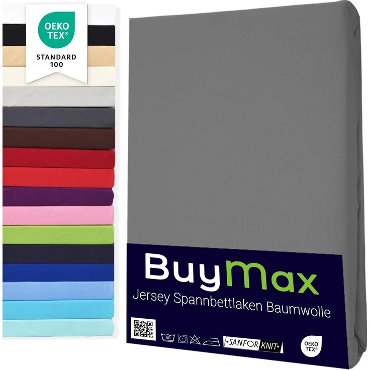 Buymax® Spannbettlaken 100x200 cm Baumwolle 100% Spannbetttuch Bettlaken Jersey, Matratzenhöhe bis 25 cm, Farbe Anthrazit-Grau – Bild 1