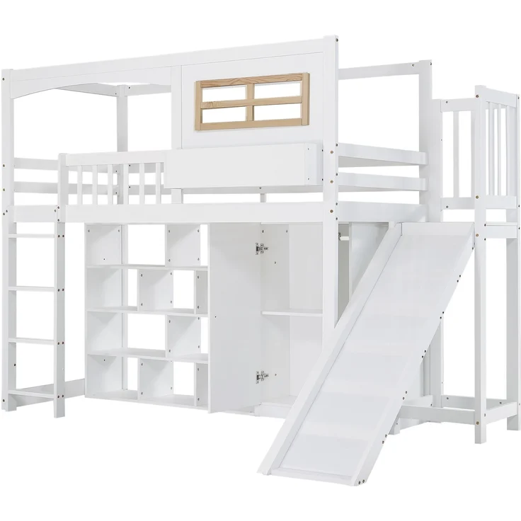 Merax Etagenbett, Kinderbett, mit Fallschutzgitter, mit Kinderrutsche und Kleiderschrank, Reichlich Stauraum, Mit vierstufiger Leiter, Kiefer+MDF+Sperrholz, Weiß, 90x200cm – Bild 8