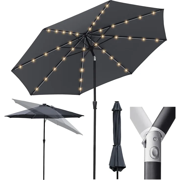 Sekey Solar-LED Sonnenschirm 300cm mit 40 LED, Windfester Gartenschirm UV 50+, Alu-Sonnenschirm mit Kurbel für Terrasse Balkon Garten