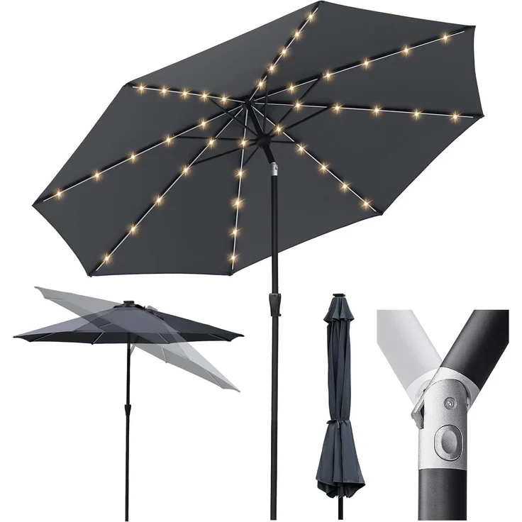 Sekey Solar-LED Sonnenschirm 300cm mit 40 LED, Windfester Gartenschirm UV 50+, Alu-Sonnenschirm mit Kurbel für Terrasse Balkon Garten