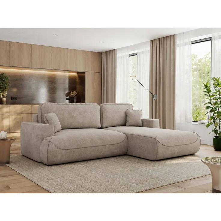 Ecksofa OVO mit schlaffunktion und bettkasten, Wellenfeder, lose Kissen, L-form 271x195 cm - Beige Struktur - rechte Seite