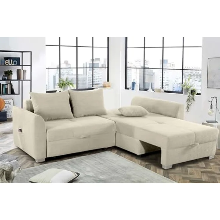 Ecksofa L-Form Couch Polsterecke Schlaffunktion Bettkasten Cord in Beige Grau – Bild 6