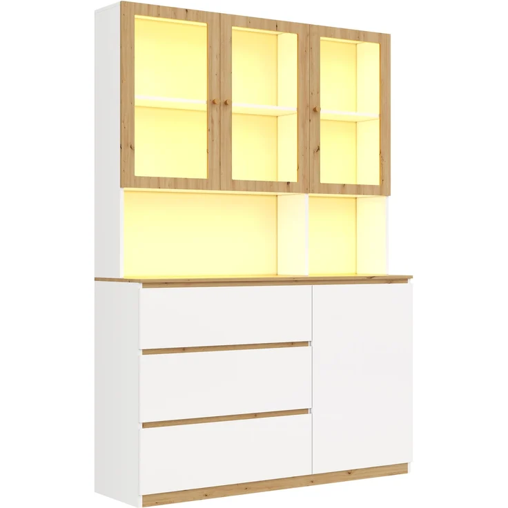 Vitrine/Hochschrank mit LED-Beleuchtung – 120 × 200 cm, mit verlängerter Arbeitsplatte, multifunktionales Standmöbel, weiß und Eiche – Glasvitrine, Küchenhochschrank und Bücherregal--Eiche, Weiß--134.19x49.71x12.8cm--YOUDENOVA – Bild 10