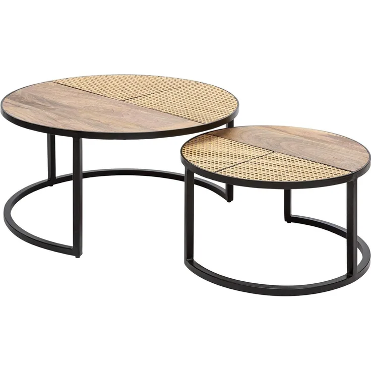 riess-ambiente Couchtisch VIENNA LOUNGE Ø70cm natur / schwarz (Set, 2-St), Wohnzimmer · Massivholz · Metall · rund · Rattan · Wiener Geflecht