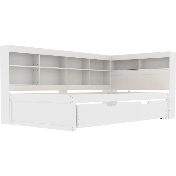 Schlafsofa 90*200, Ausziehbares Bett 90*190 mit USB-Steckdose und mehreren Ablagefächern, Massivholzbett, Einzelbett, Holz-Multifunktionsbett, Weiß. – Bild 10