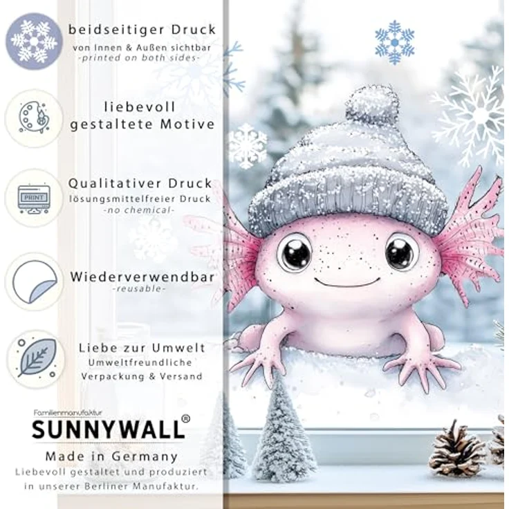 Sunnywall Fensterdekoration Kinderzimmer Fensterbild Winter Axolotl mit Mütze, wiederverwendbar, statisch haftend, beidseitiger Druck – Bild 6