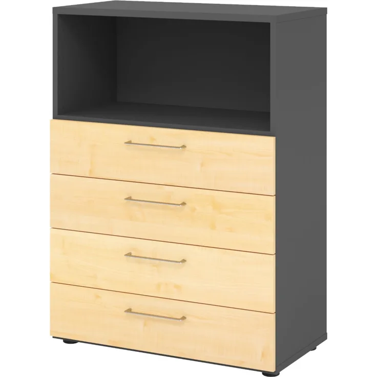 bümö smart Schubladenschrank, Büroschrank 80cm breit in Graphit/Ahorn mit 4 Schüben & 1 Regalfach - Bürocontainer aus Holz, Container mit Metallgriffen & Soft-Stop Schubladen, 938S4-G-3-BS