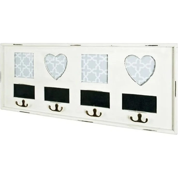 Haku Wandgarderobe antikweiß mit 4 Garderobenhaken und eingelassenem Bilderrahmen, Massivholz Tanne und MDF, Industrial-Stil, 63x3x26 cm