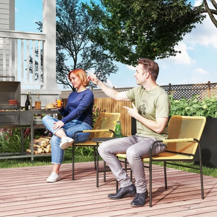 Esstisch-Set 3-tlg. aus Rattan in Gelb: 2 Stühle und Tisch, 54x66x76 cm, 50 cm, Stahl