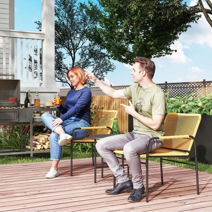 Esstisch-Set 3-tlg. aus Rattan in Gelb: 2 Stühle und Tisch, 54x66x76 cm, 50 cm, Stahl – Bild 1