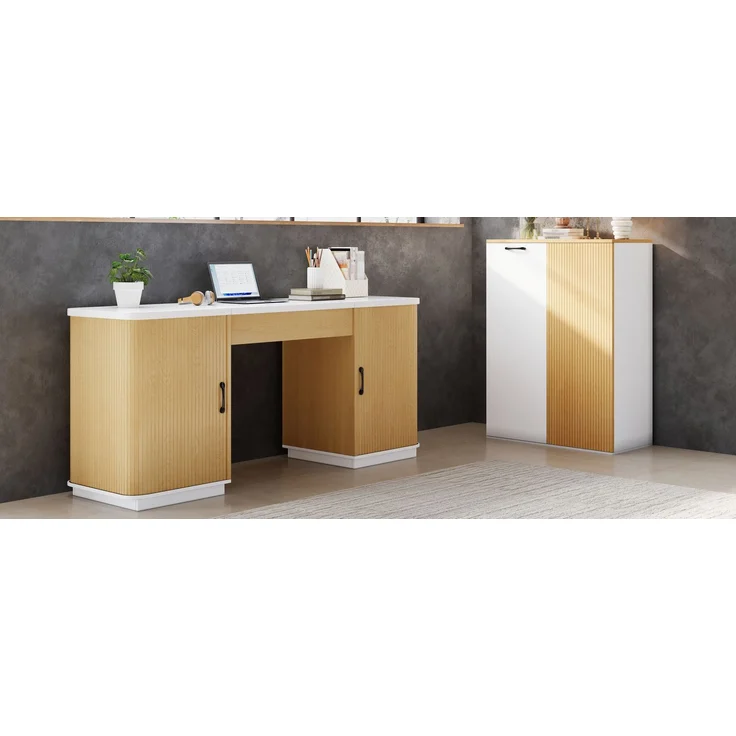 ZUBALIYA Modernes Büromöbel-Set & Schreibtisch-Set mit Aktenschrank – 140cm Computertisch mit Klappfach, Unterschränken & Rillendesign, Holzoptik & Weiß, Großer Arbeitsplatz für Home Office & Büro – Bild 24