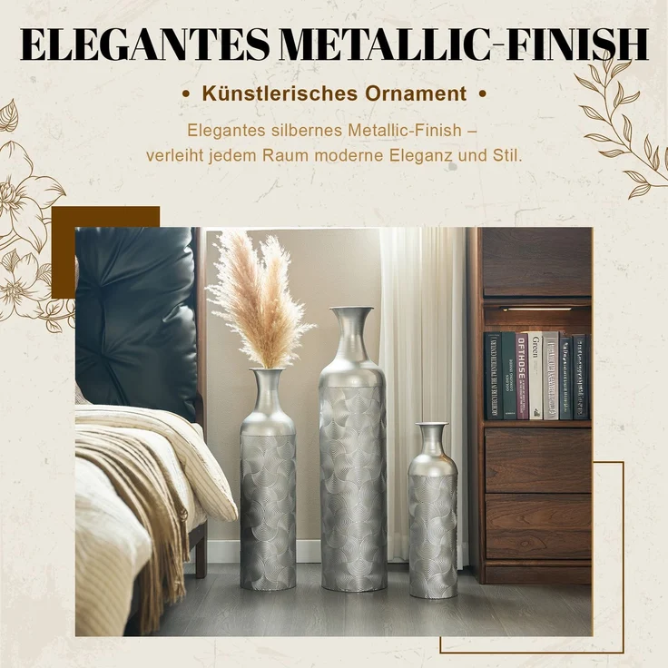 LVHOM 3er Set Bodenvase, Große Vasen aus Metall mit Rillenmuster, Dekovase für Trockenblumen, Höhen 50/66/83 cm, Vasen Set für Wohnzimmer, Flur und Büro, Silber – Bild 6
