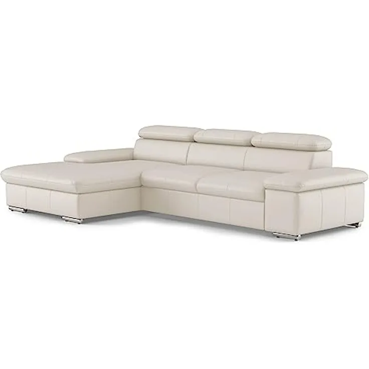 CAVADORE Echtleder-Eckcouch Valerie mit XL-Longchair / Ecksofa mit Kopfteilverstellung, großem Longchair + Metallfüßen / 286 x 73 x 174 / Leder Weiß