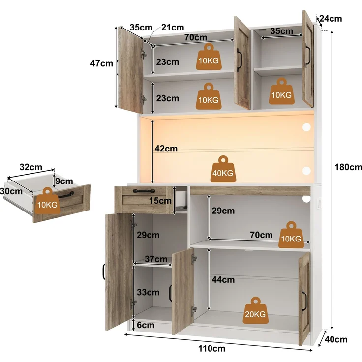 Küchenschrank, hoher Aufbewahrungsschrank mit LED-Beleuchtung und Steckdosen, Vorratsschrank mit 6 Türen und 1 Schublade, Vitrinenschrank für Wohnzimmer und Esszimmer, 110 × 40 × 180 cm--Weiß+Natur--110x40x180cm--YOUDENOVA – Bild 2