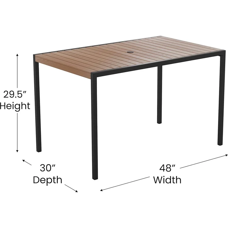 Flash Furniture Lark Outdoor Esstisch aus Stahl mit Schirmloch – Poly-Lattenrost aus Teakholz – handelsüblicher Tisch, schwarzer Rahmen, 30x48 cm, Tisch für bis zu 4 Erwachsene – Bild 4