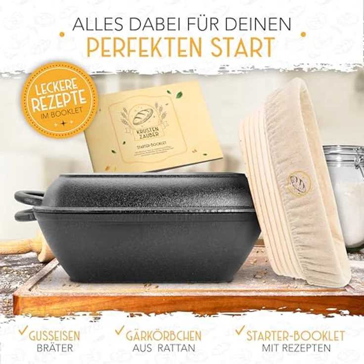Krustenzauber Brotbackform 30cm Gusseisen Bräter mit Deckel backofengeeignet inkl. Gärkorb, (eckiger Topf Brot Backen - Ideal als Ofenform), Induktion, Brotbacktopf, Zubehör – Bild 4