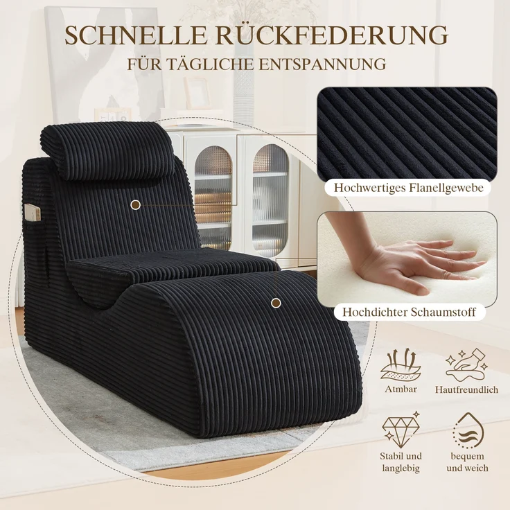 LVHOM Relaxsessel Ergonomisches Design, Lesesessel mit verstellbarer Kopfkissen und Sitzkissen, Fernsehsessel mit Seitentasche, Cord Bezug, bis 200kg belastbar – Bild 8