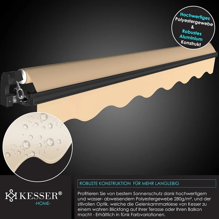 KESSER® Gelenkarmmarkise Markise Gelenkmarkise 300x250 cm Terrassenmarkise Klemmmarkise Sonnenmarkise inkl. Wandhalterung Sonnenschutz Balkonmarkise wasserabweisend Alu/Polyester, Beige – Bild 9