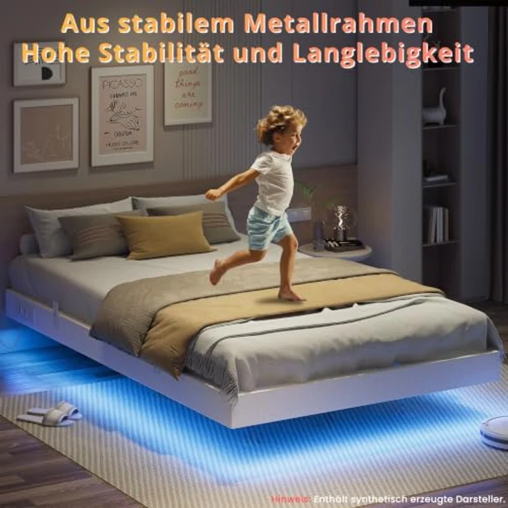 IRONCK Bettgestell 120x200 cm, Schwebender Bett mit LED Beleuchtung, Gepolsterte Seitenwände, 2 AC-Steckdosen, 2 USB-A-Anschluss, 1 USB-C-Anschluss, Metallbett mit Lattenrost Einzelbett, Weiß – Bild 5
