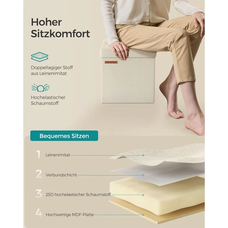 Songmics Sitzhocker mit Stauraum, kleine klappbare Sitzbank, 30x30 cm Fußbank, Aufbewahrungsbox, bis 130 kg belastbar, für Wohnzimmer Schlafzimmer Schlafsaal, cremeweiß LSF028W01 – Bild 5