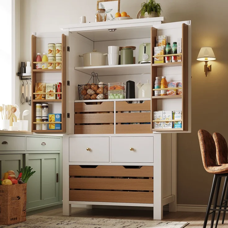 Küchenschrank (80x40x140cm), hohes Küchenbuffet, Mehrzweckbuffet, Snackschrank, Aufbewahrungsmöbel mit zwei Türen und fünf Schubladen, schwarz/weiß – Bild 1