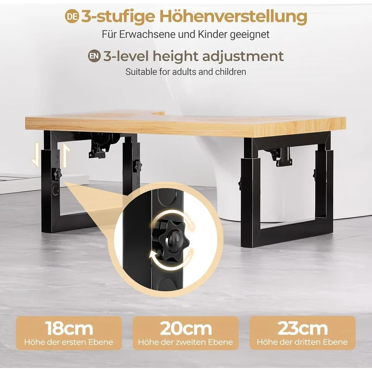 Yorbay Badhocker Bambus Toilettenhocker mit Klappfunktion, 3-Stufen Höheneinstellung, Rutschfeste Oberfläche – Bild 3