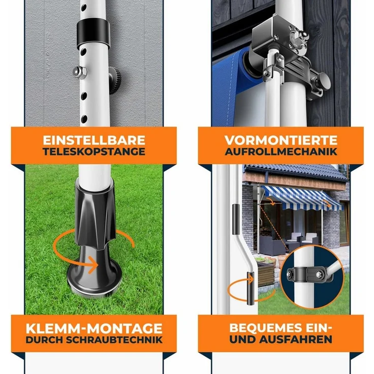 KESSER® Klemmmarkise mit Handkurbel & LED Lichterkette | Balkonmarkise ohne Bohren | Markise UV-beständig höhenverstellbar & wasserabweisend | Sonnenschutz für Balkon Terrasse & Garten 250cm, Blau / Weiß – Bild 3