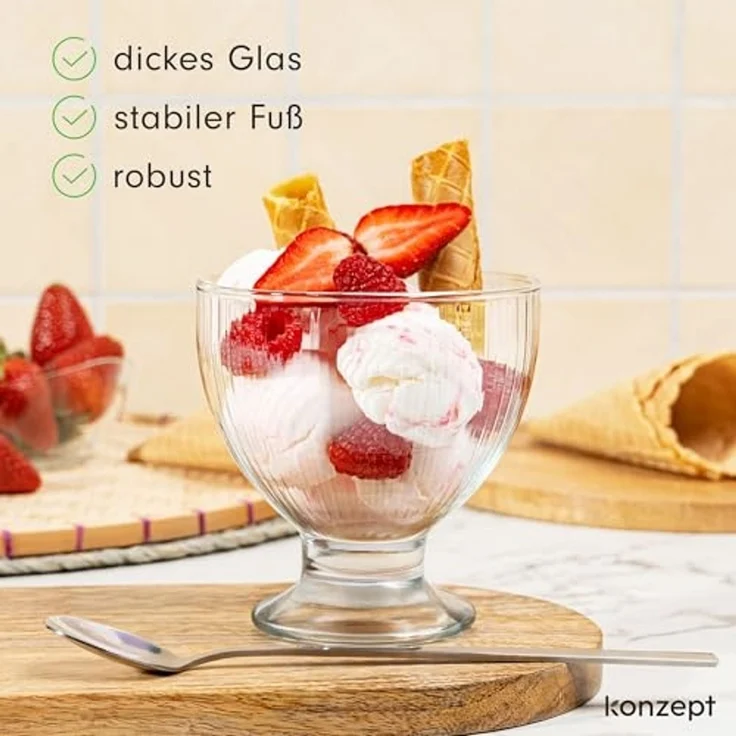 KONZEPT Eisschale Eisbecher Glas Set, Glasschale mit Fuß 405 ml, Glas Geriffelt für Eis, (4-tlg), Perfekt für Schichtdessert, Candy Bar Zubehör – Bild 4