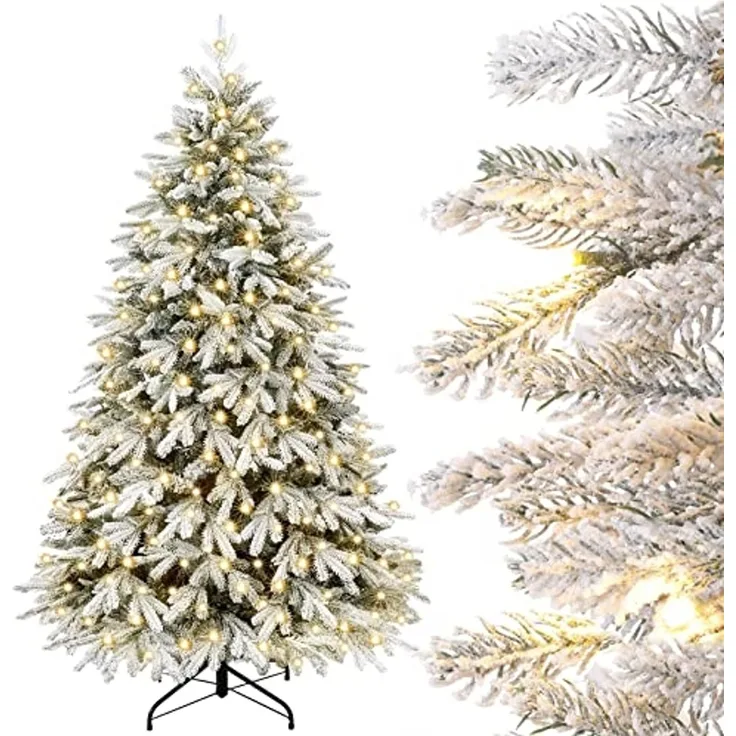 Yorbay Künstlicher Weihnachtsbaum Künstlicher Tannenbaum mit LED Beleuchtung, Weihnachstbaum aus PE, PVC, 150 / 180 / 210 cm auswählbar, mit Ständer, Weiß Schneeflocken, Weihnachtsbaum Christbaum für Weihnachten-Dekoration