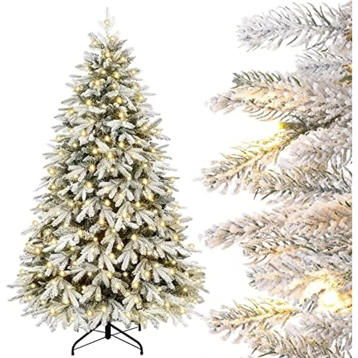 Yorbay Künstlicher Weihnachtsbaum Künstlicher Tannenbaum mit LED Beleuchtung, Weihnachstbaum aus PE, PVC, 150 / 180 / 210 cm auswählbar, mit Ständer, Weiß Schneeflocken, Weihnachtsbaum Christbaum für Weihnachten-Dekoration – Bild 1