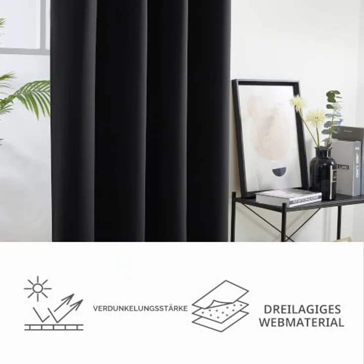 Deconovo Wohnzimmer Gardinen Vorhänge mit Ösen Verdunkelung Schwarz | 2er Set, H200 x B140 cm, Thermo Vorhänge, Schlafzimmer Gardinen, Wohnzimmer Vorhang, Blackout Curtains, Sichtschutz – Bild 8