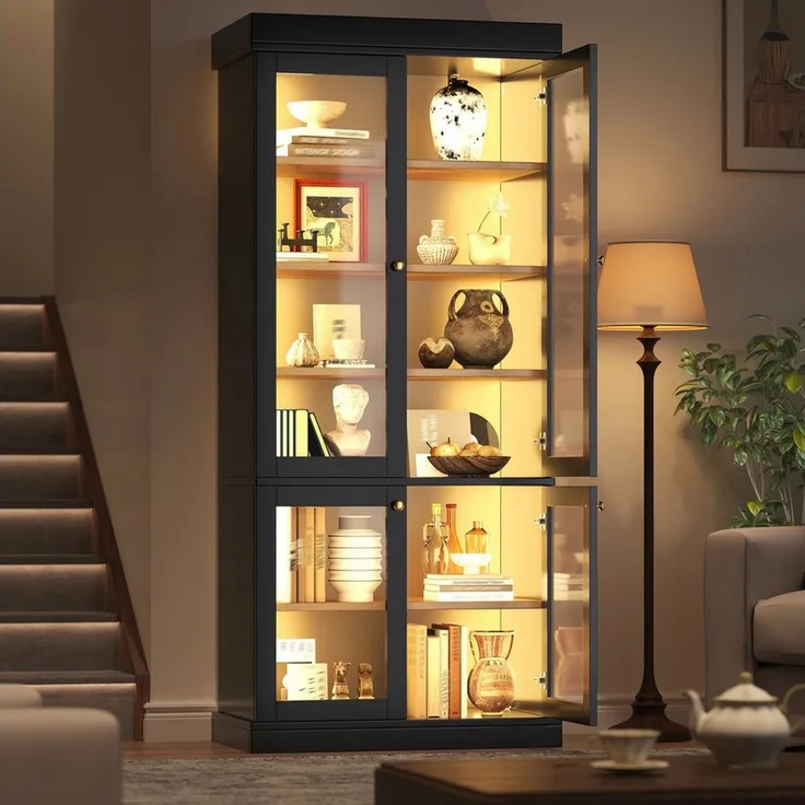 Odikalo Vitrine Vitrineschrank Glasvitrine mit LED (durchdachter Innenaufteilung und Kippschutz, stabil, sicher und vielseitig für Zuhause)
