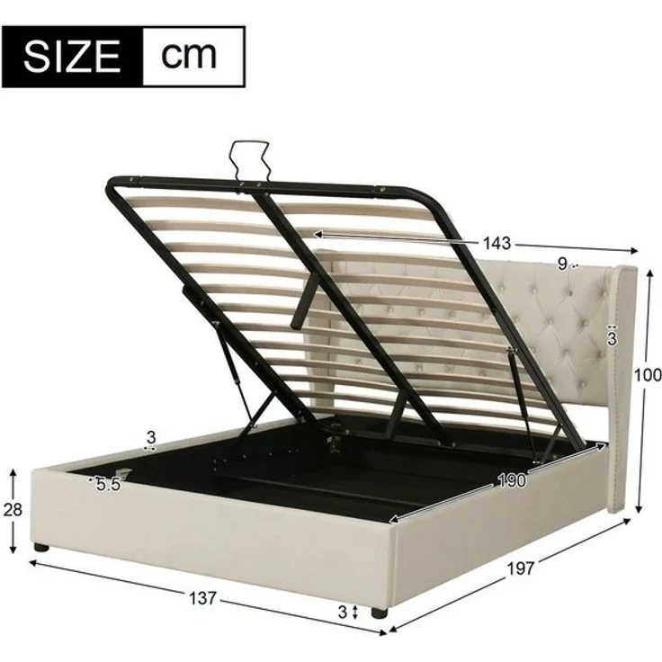 Odikalo Polsterbett Doppelbett mit Bettkasten & Lattenrost Mehrfarbig (140x200 160x200 180x200 180x190 Polsterbett Ohrenform Samtstoff Große Knopfnähte Doppelbett, Hydraulisches Funktionsbett mit Lattenrost und Stauraum, Bettunterseite ist mit einem sc... – Bild 4