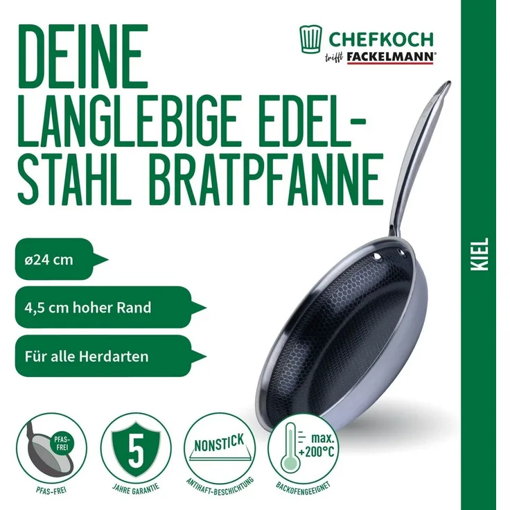 Chefkoch trifft Fackelmann Bratpfanne Tri-Ply, Ø 24 cm, Edelstahl, Induktion/- backofengeeignet