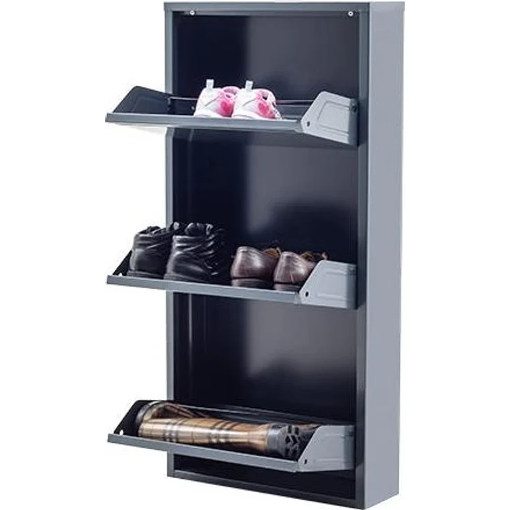 Schuhschrank Schmal Schuhregal Metall Schuhkipper mit Magnet Klappen Schuhablage (3 Klappen Anthrazit) – Bild 3