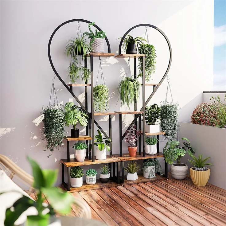 UNHO Pflanzentreppe Blumenregal Blumentreppe Schwerlast mit Hacken Pflanzenregal Herz-Blumenständer Balkon aus Metall Braun 112x28x165 cm – Bild 5