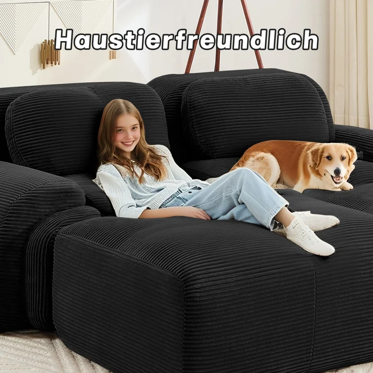 2-Sitzer Sofa 208×178×75 cm aus Cordstoff rahmenlos modular mit 1 Ottomane, schwarz – Bild 9