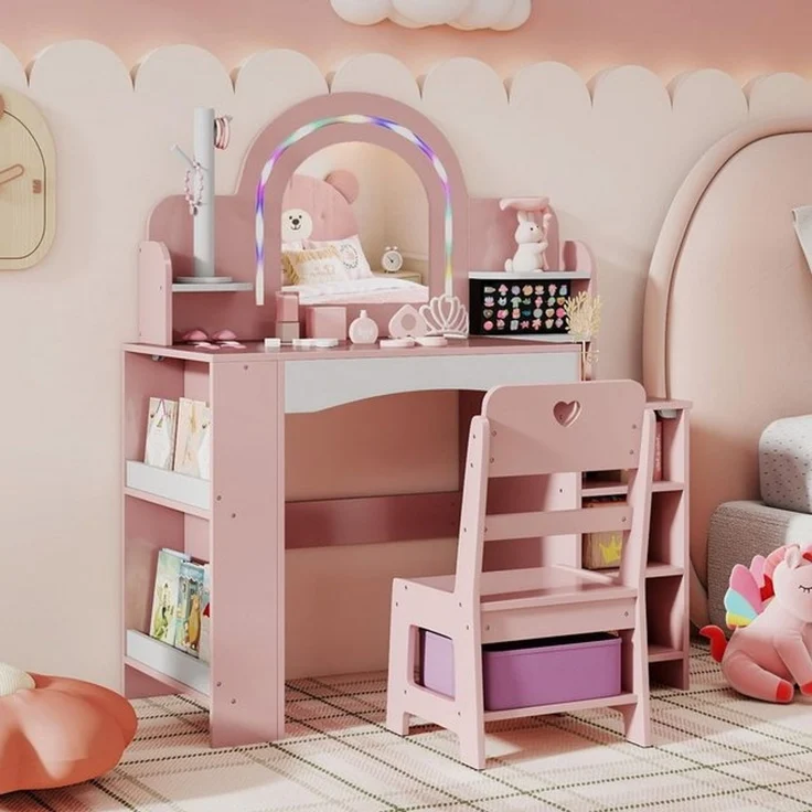 COSTWAY Schminktisch, Kinderfrisiertisch mit Stuhl, Spiegel, Beleuchtung – Bild 4