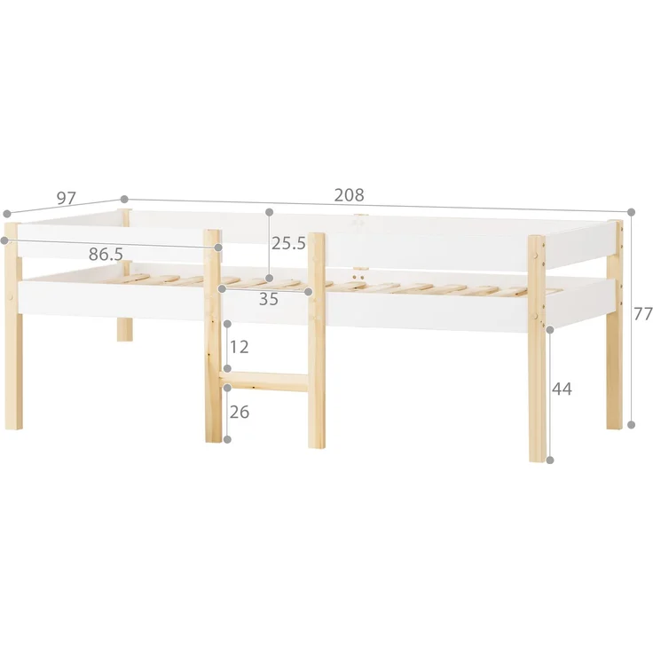 Bett Kinderbett mit Rausfallschutz, Kiefer-Vollholz-90x200 cm-Weiß & Eiche – Bild 2