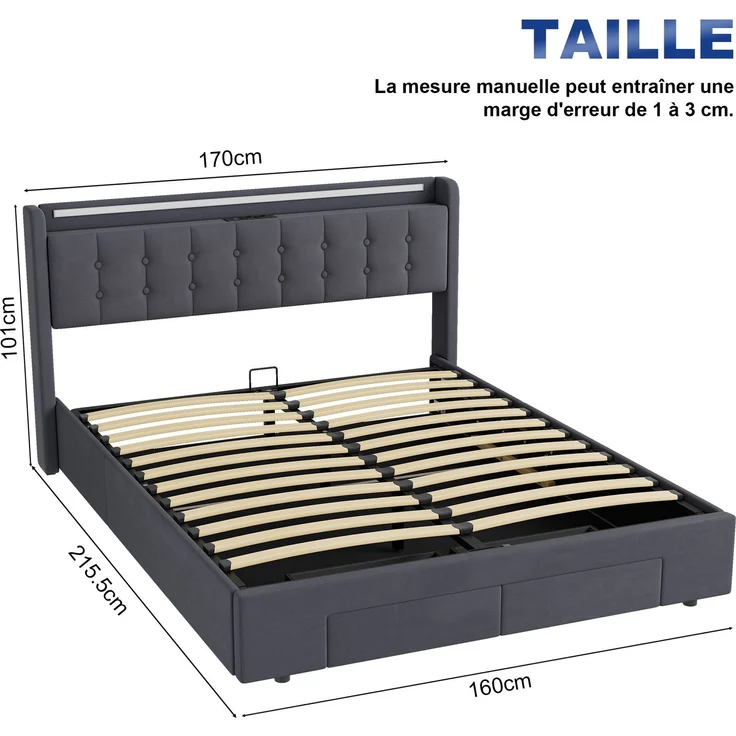 Polsterbett 160 x 200 cm, Samt, mit Bettkasten, Schubladen, USB-Anschluss und LED-Beleuchtung, Dunkelgrau – Bild 5