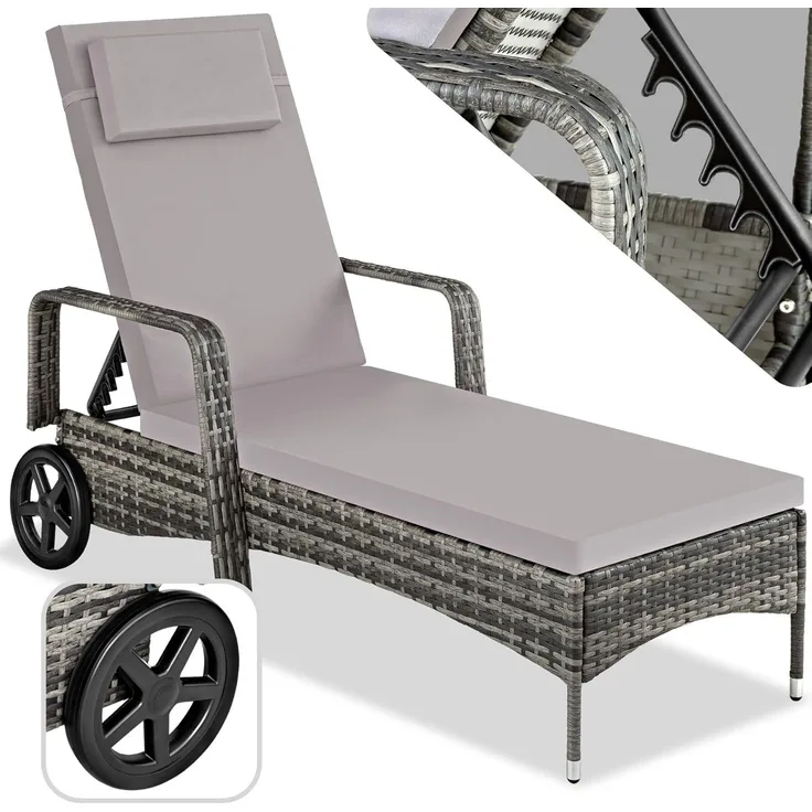 tectake® Aluminium Rattan Sonnenliege mit Armlehne und Rollen, Outdoor Polyrattan Gartenliege mit 6-Fach höhenverstellbarer Rückenlehne (bis 150 kg), Balkon Möbel oder Garten Möbel - grau